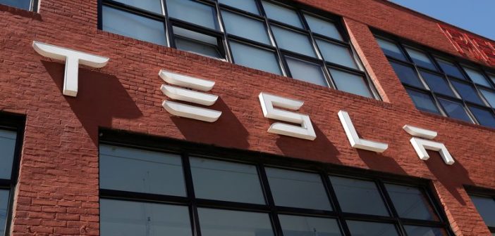 Conceptual illustration of a Tesla-branded drone flying over a cityscape
