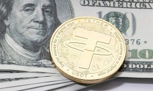 Tether logo next to gold mining site and Elemental branding