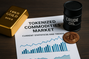 Infographic showing 2025 statistics of the tokenized commodities market including gold, oil, and agricultural tokens