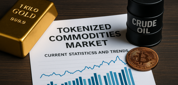 Infographic showing 2025 statistics of the tokenized commodities market including gold, oil, and agricultural tokens