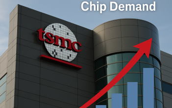 TSMC headquarters with rising sales graph indicating AI chip demand