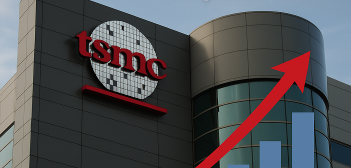 TSMC headquarters with rising sales graph indicating AI chip demand
