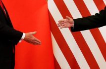 Flags of the United States and China with a handshake symbolizing the 2025 trade agreement