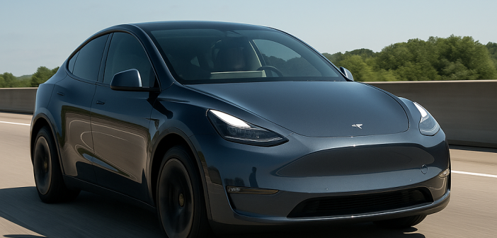 Tesla Model Y on highway during autonomous delivery in Texas